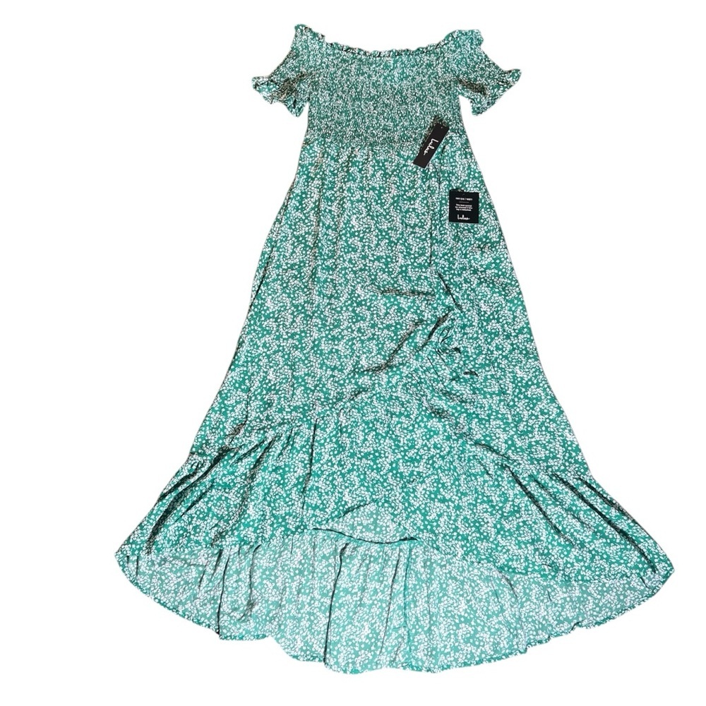 NWT Lulus Off Shoulder Green + White Floral Smocked High Low Maxi Dress, Medium